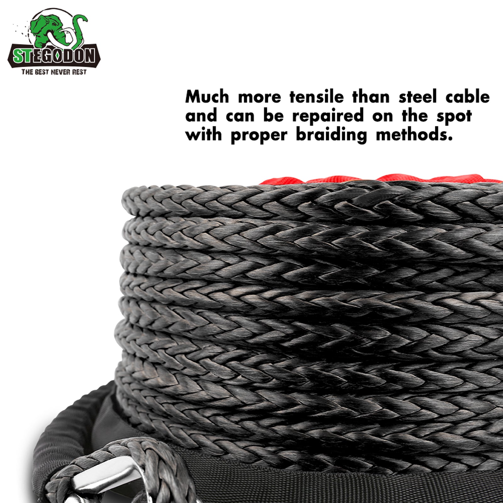 STEGODON 3/8 x 100ft Synthetic Winch Rope 23,809lbs Dyneema Winch Cable Line with Hook and Sleeve Protection Car Tow Recovery Cable for 4WD Off