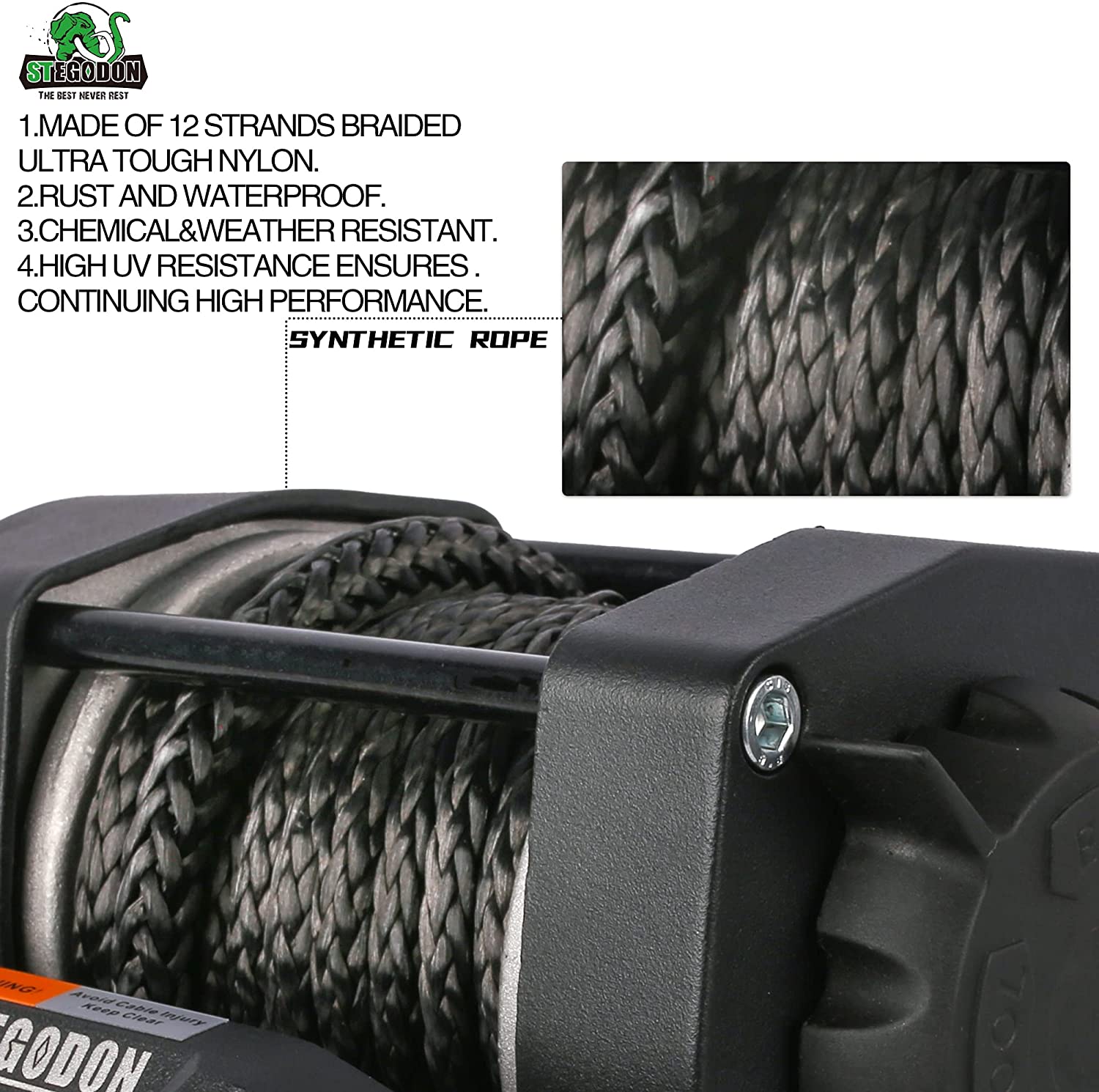 STEGODON New 3500 lb,12V Synthetic Rope Winch with Wireless